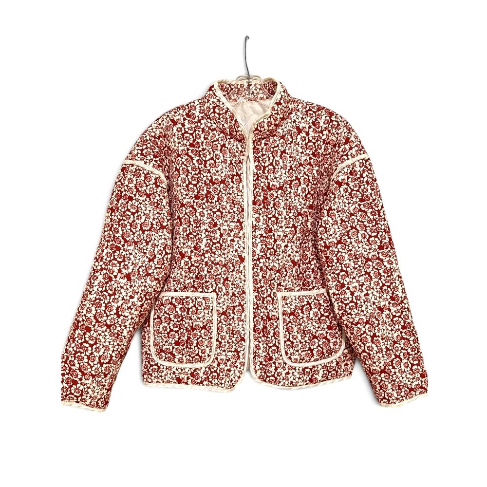 Cozy Ditsy Floral Quilted Jacket Red Cream Trim Open Front Shacket Size M